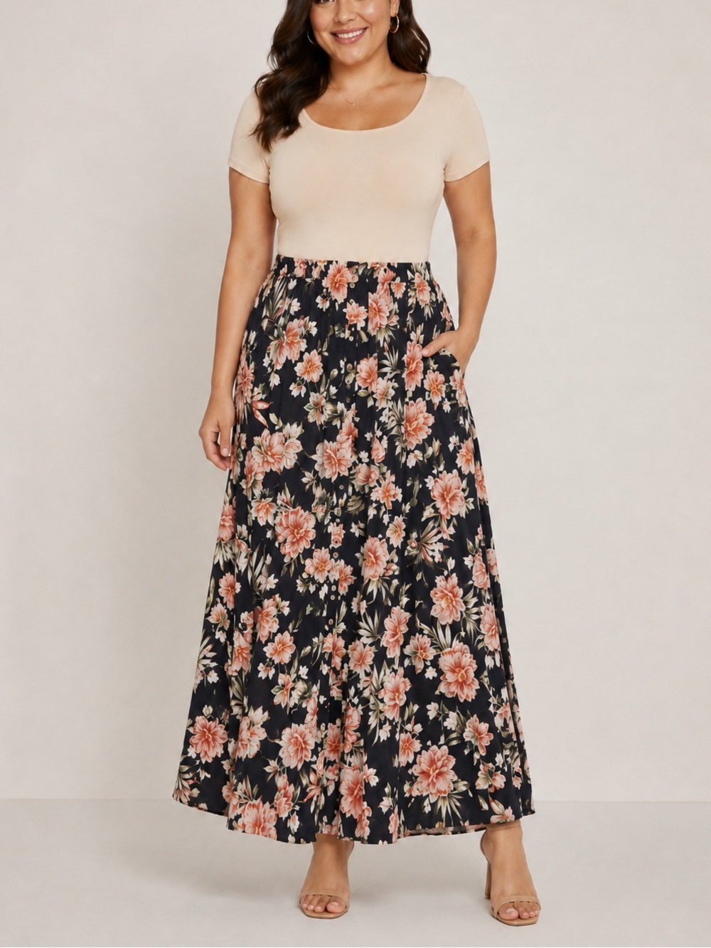 Rip Curl Floral Maxi Dress with pockets in Black and Peach